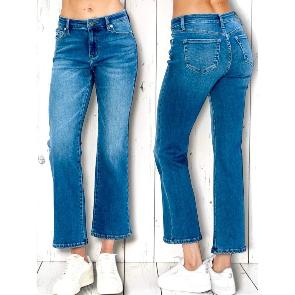 Mid Rise Straight Crop Jean Stretch Denim Judy Blue Style Med Wash Raw Hem Ankle